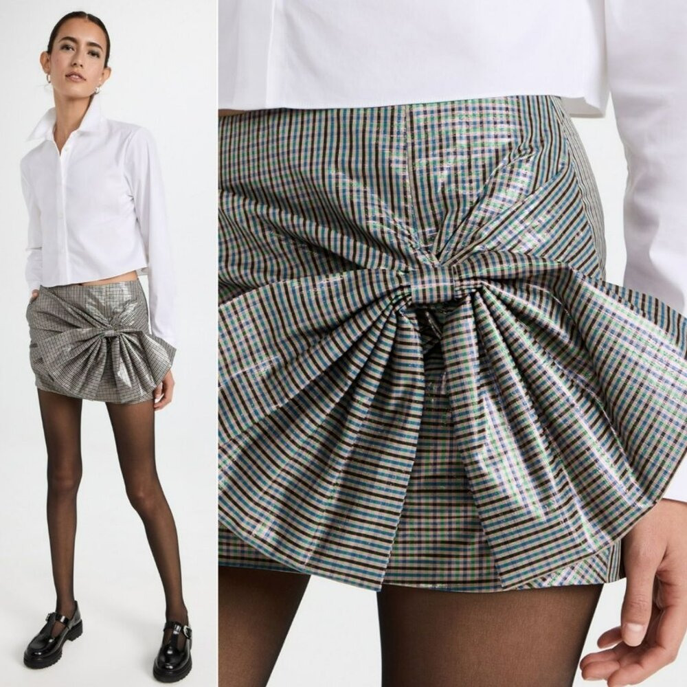 Pushbutton $536 Metallic Plaid Mini Skirt Large Bow Preppy School Pink Green